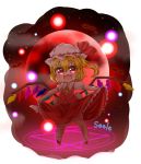  1girl :d ascot blonde_hair chibi commentary_request fang flandre_scarlet full_moon hat highres looking_at_viewer magic_circle mob_cap moon one_side_up open_mouth red_eyes red_moon seele0907 skirt skirt_lift smile solo touhou wings 