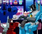 3boys 80s arm_cannon artist_request bar bar_stool bartender bottle cannon decepticon energon frenzy full_body holding indoors machine machinery mecha multiple_boys no_humans oldschool open_mouth personification red_eyes robot science_fiction sitting smile soundwave standing stool thundercracker transformers underwater weapon 