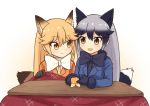  2girls :d :t animal_ears black_gloves black_hair black_neckwear blonde_hair blue_jacket blush bow bowtie breast_pocket brown_eyes extra_ears eyebrows_visible_through_hair ezo_red_fox_(kemono_friends) food fox_ears fox_tail fruit fur_trim gloves hair_between_eyes holding holding_food jacket kemono_friends kotatsu long_hair long_sleeves looking_at_another mandarin_orange meis_(terameisu) multicolored_hair multiple_girls open_mouth orange_jacket peeling pocket side-by-side silver_fox_(kemono_friends) silver_hair simple_background sitting smile table tail white_background white_neckwear yellow_eyes yellow_neckwear 