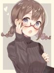  1girl :o adjusting_eyewear bag bangs black_sweater blush border braid breasts brown_hair commentary_request frills hand_up heart highres long_sleeves looking_at_viewer medium_breasts nagitoki open_mouth original over_shoulder red-framed_eyewear ribbed_sweater shiny shiny_hair short_hair shoulder_bag sleeves_past_wrists striped sweater symbol-shaped_pupils tareme twin_braids under-rim_eyewear upper_body vertical-striped_background vertical_stripes violet_eyes yellow_border 