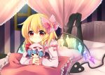  1girl absurdres bangs bed bed_frame black_legwear blonde_hair blurry bow canopy_bed character_doll closed_mouth commentary_request crystal depth_of_field eyebrows_visible_through_hair flandre_scarlet frilled_pillow frilled_ribbon frilled_sleeves frills full_body glowing glowing_wings gradient_eyes hair_between_eyes hair_ribbon highres holding horizontal_stripes indoors laevatein legs_up light_particles long_sleeves looking_at_viewer lying medium_hair multicolored multicolored_eyes night night_sky no_hat no_headwear on_stomach pajamas pillow pink_bow pink_pajamas pink_pillow pink_ribbon red_eyes remilia_scarlet ribbon ruhika shiny shiny_hair sky solid_circle_eyes solo striped thigh-highs touhou window wings yellow_eyes 