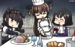  3girls brown_hair haguro_(kantai_collection) hamu_koutarou hatsuzuki_(kantai_collection) highres kantai_collection long_hair multiple_girls ponytail short_hair sitting smile yamato_(kantai_collection) 