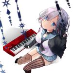  1girl asymmetrical_legwear black_gloves black_jacket blue_eyes breasts closed_mouth collar commentary_request fishnet_legwear fishnets from_above garter_straps gloves hair_over_one_eye hamakaze_(kantai_collection) instrument jacket kantai_collection keyboard_(instrument) long_sleeves looking_at_viewer looking_up medium_breasts natsuki_(ukiwakudasai) neckerchief open_clothes open_jacket revision school_uniform serafuku short_hair silver_hair sitting smile solo striped striped_legwear studded_collar thigh-highs vertical-striped_legwear vertical_stripes 