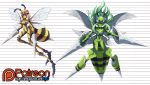  2girls absurdres alternate_color beedrill blonde_hair breasts commentary dual_wielding extra_eyes full_body fusion green_hair height_chart highres insect_girl insect_wings long_legs medium_breasts mega_beedrill mega_pokemon mgx0 mosquito_musume multiple_girls multiple_persona navel no_nipples nude one-punch_man patreon_logo patreon_username pokemon quadruple_wielding red_eyes shiny_pokemon stinger weapon wings 