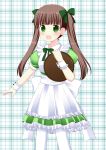  1girl :d alternate_costume alternate_hairstyle apron bangs blunt_bangs blush bow brown_hair commentary_request dress eyebrows_visible_through_hair frilled_apron frilled_cuffs frilled_dress frills gochuumon_wa_usagi_desu_ka? green_bow green_dress green_eyes hair_bow hirokata_hiro holding holding_tray long_hair looking_at_viewer maid maid_apron open_mouth pantyhose plaid plaid_background puffy_short_sleeves puffy_sleeves short_sleeves smile solo standing tray twintails ujimatsu_chiya white_apron white_legwear wrist_cuffs 