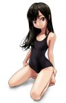  1girl bangs bare_legs barefoot black_hair brown_eyes closed_mouth eyebrows_visible_through_hair feet flat_chest kneeling long_hair looking_at_viewer one-piece_swimsuit original rohitsuka school_swimsuit simple_background smile solo swimsuit thighs white_background 