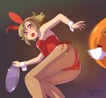  1girl animal_ears black_background bow bowtie brown_hair bunny_tail bunnysuit cowboy_shot detached_collar flipped_hair fukusuke_hachi-gou highres jack-o&#039;-lantern leotard looking_back open_mouth orange_eyes original pantyhose rabbit_ears red_leotard red_neckwear short_hair solo strapless strapless_leotard tail tail_removed tray wrist_cuffs 