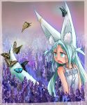  1girl :o animal_ears bare_arms bare_shoulders blue_eyes blue_hair butterfly child commentary_request doitsuken dress earrings eyebrows_visible_through_hair fang field flower flower_field fox_ears fox_girl fox_tail highres jewelry lavender_(flower) looking_away looking_back necklace open_mouth original solo sundress tail 