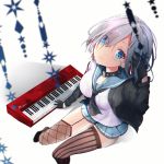  1girl asymmetrical_legwear black_gloves black_jacket blue_eyes breasts closed_mouth collar commentary_request fishnet_legwear fishnets from_above garter_straps gloves hair_over_one_eye hamakaze_(kantai_collection) instrument jacket kantai_collection keyboard_(instrument) long_sleeves looking_at_viewer looking_up medium_breasts natsuki_(ukiwakudasai) neckerchief open_clothes open_jacket school_uniform serafuku short_hair silver_hair sitting smile solo striped striped_legwear studded_collar thigh-highs vertical-striped_legwear vertical_stripes 