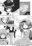  2girls aozora_market backpack bag belt bow bowtie comic dress_shirt greyscale hair_bobbles hair_ornament hat highres kawashiro_nitori key monochrome multiple_girls shameimaru_aya shirt short_hair short_sleeves skirt tokin_hat touhou translation_request twintails two_side_up wings 