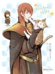  1boy 1girl armor artist_name blonde_hair bow brother_and_sister brown_hair cape cat chibi circlet dyute_(fire_emblem) fire_emblem fire_emblem_echoes:_mou_hitori_no_eiyuuou long_hair low_ponytail luthier_(fire_emblem) multicolored_hair orange_eyes orange_hair ponytail siblings two-tone_hair upper_body waniya 