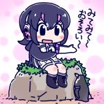  1girl :d bird black_eyes black_footwear black_hair blush_stickers boots chibi commentary_request eyebrows_visible_through_hair gloves grape-kun grass hair_between_eyes headphones hood hood_down hoodie humboldt_penguin humboldt_penguin_(kemono_friends) kemono_friends looking_at_another multicolored_hair okapi_(goro_design) open_mouth penguin rock short_hair sitting smile streaked_hair translated zipper 