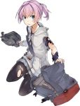  1girl backpack bag blue_eyes kantai_collection kneehighs konishi_(koconatu) official_art pantyhose ponytail purple_hair shiranui_(kantai_collection) shoes short_hair shorts sweater torn_clothes transparent_background turret 