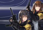  2girls :3 absurdres armband bangs black_bow bow brown_hair closed_mouth fingerless_gloves girls_frontline gloves green_hair grey_hair gun h&amp;k_ump hair_bow heckler_&amp;_koch highres ina_(inadiary) jacket long_hair looking_at_viewer multiple_girls one_side_up open_clothes open_jacket scar scar_across_eye smile submachine_gun tsurime twintails ump45_(girls_frontline) ump9_(girls_frontline) weapon 