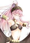  1girl atoatto bare_shoulders blush braid breasts closed_eyes fire_emblem fire_emblem:_kakusei fire_emblem_heroes gloves hairband long_hair medium_breasts navel olivia_(fire_emblem) pink_hair ponytail simple_background smile solo twin_braids 