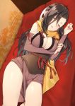  1girl black_hair blush breasts cleavage closed_eyes fire_emblem fire_emblem_if hair_over_one_eye kagerou_(fire_emblem_if) large_breasts long_hair lying on_side ponytail scarf solo yappen 
