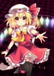  &gt;:o 1girl :o absurdres bangs black_background black_legwear blonde_hair brooch checkered checkered_background chestnut_mouth commentary_request crystal flandre_scarlet frilled_shirt frilled_shirt_collar frilled_skirt frilled_sleeves frills glowing glowing_wings gradient_eyes hair_between_eyes hat hat_ribbon highres jewelry leg_up looking_away mary_janes medium_hair medium_skirt mob_cap multicolored multicolored_eyes outstretched_arm pink_footwear puffy_short_sleeves puffy_sleeves purple_background reaching_out red_eyes red_ribbon red_skirt red_vest ribbon ruhika shirt shoes short_sleeves side_ponytail skirt skirt_set solo standing standing_on_one_leg touhou vest white_hat white_shirt wings wrist_cuffs yellow_eyes yellow_neckwear 