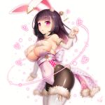  1girl :o :p animal_ears bangs bikini black_hair black_legwear blunt_bangs blush boots breasts bunny_tail bunnysuit covered_navel cowboy_shot detached_sleeves doyouwantto eyebrows_visible_through_hair from_side fur_collar fur_trim hand_up heart large_breasts long_hair micro_bikini original pantyhose parted_lips rabbit_ears simple_background solo swimsuit tail thigh-highs thigh_boots thighs tongue tongue_out violet_eyes white_background white_bikini_top white_footwear 