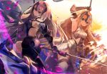  2girls armpits blonde_hair blue_eyes commentary_request dual_persona fate/apocrypha fate/grand_order fate_(series) flag grey_eyes headpiece holding jeanne_alter long_hair looking_at_viewer multiple_girls nekoboshi_sakko petals ruler_(fate/apocrypha) silver_hair sword weapon wind 