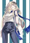  1girl bag blonde_hair blue_eyes blue_scarf breasts closed_mouth contemporary denim error eyewear_on_head from_below hair_between_eyes high-waist_pants jewelry jpeg_artifacts kantai_collection long_hair looking_at_viewer medium_breasts nail_polish necklace richelieu_(kantai_collection) ring scarf shoulder_bag simple_background solo striped sugue_tettou twitter_username vertical-striped_background vertical_stripes watch watch 