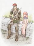  1boy 1girl artist_name beard boots curly_hair eyepatch facial_hair fire_emblem fire_emblem_echoes:_mou_hitori_no_eiyuuou grass hairband jenny_(fire_emblem) jewelry necklace pink_hair redhead savor sitting staff sword teeth waniya weapon 