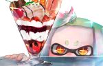  +_+ 1girl cherry chocolate chocolate_heart chocolate_syrup commentary_request counter crown dessert domino_mask food fruit glass gradient_hair green_hair heart highres hime_(splatoon) ice_cream kashu_(hizake) mask mini_crown multicolored_hair orange orange_slice parfait short_eyebrows simple_background solo splatoon splatoon_2 strawberry white_background white_hair 