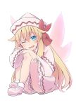  1girl blonde_hair blue_eyes blush bobby_socks bow capelet dress eyebrows_visible_through_hair fairy_wings hair_between_eyes hat highres leaning_forward leg_hug legs_together lily_white long_hair long_sleeves looking_at_viewer one_eye_closed open_mouth red_bow shoes simple_background sitting smile socks solo touhou very_long_hair white_background white_dress wide_sleeves wings yutamaro 