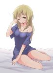  1girl ;o bangs bare_legs bed_sheet blonde_hair blue_shirt breasts cleavage collarbone commentary_request eyebrows_visible_through_hair ichii_yui long_hair looking_at_viewer medium_breasts mel_(melty_pot) off_shoulder one_eye_closed open_mouth oversized_clothes shirt short_sleeves sidelocks sitting sleepy solo t-shirt yellow_eyes yuyushiki 