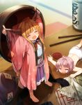 2girls =_= \o/ arms_up bangs barefoot bloomers blue_ribbon blurry blush bottle bow bowl broken chains chopsticks closed_eyes clothes_theft commentary_request crying cup depth_of_field drunk eyebrows_visible_through_hair fang feet gourd holding holding_bowl horn_ribbon horns ibuki_suika japanese_clothes kimono long_hair long_sleeves lying minigirl multiple_girls needle ofuda on_stomach open_mouth orange_hair outstretched_arm outstretched_arms pink_hair pink_kimono purple_skirt pyramid reaching red_bow red_ribbon ribbon sakazuki sake_bottle shinoba shirt short_hair skirt spill sukuna_shinmyoumaru table theft toes topless touhou underwear wavy_mouth white_bloomers white_shirt wide_sleeves 