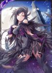  1girl akkijin black_dress black_feathers black_hair bridge card_(medium) clock clock_tower dress feathers gloves hair_ornament hand_on_own_chest looking_at_viewer moon night night_sky purple_gloves red_eyes shinkai_no_valkyrie sky solo telescope thigh-highs tower 