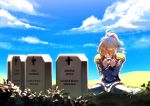  1girl black_legwear blonde_hair blue_jacket blue_sky blurry blurry_foreground boots character_name clenched_teeth clouds cloudy_sky commentary_request covered_eyes cross crying day depth_of_field english epaulettes field grass hair_over_eyes highres idolmaster idolmaster_cinderella_girls jacket long_hair long_sleeves military_jacket object_hug outdoors pantyhose pleated_skirt ponytail rheez seizon_honnou_valkyria sitting skirt sky solo takamori_aiko tears teeth tombstone wariza white_footwear white_skirt 