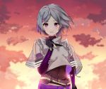  1girl ammunition_belt bangs belt blush bodysuit_under_clothes elbow_gloves eyebrows_visible_through_hair eyes_visible_through_hair girls_frontline gloves grey_hair grey_jacket hand_up highres kyui looking_at_viewer midriff_peek multicolored_hair navel open_mouth purple_skirt see-through short_hair skirt sky smile solo strap streaked_hair thompson/center_contender_(girls_frontline) violet_eyes 