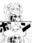  1girl azur_lane comic commentary_request eating food iron_cross ishii_hisao long_hair looking_at_viewer monochrome prinz_eugen_(azur_lane) silent_comic solo tempura torpedo two_side_up 