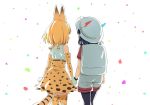  2girls :d animal_ears backpack bag bangs bare_shoulders black_hair black_legwear bucket_hat confetti cowboy_shot elbow_gloves facing_away from_behind gloves grey_shorts hand_holding hat hat_feather high-waist_skirt highres kaban_(kemono_friends) kemono_friends multiple_girls open_mouth orange_gloves orange_hair orange_legwear orange_skirt pantyhose red_shirt serval_(kemono_friends) serval_ears serval_print serval_tail shirt short_hair short_sleeves shorts skirt sleeveless sleeveless_shirt smile standing tail thigh-highs tomato_(lsj44867) walking white_background white_hat white_shirt 