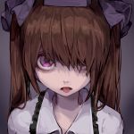  1girl bad_id bad_pixiv_id bangs brown_hair hair_over_one_eye hair_ribbon hat himekaidou_hatate long_hair looking_at_viewer nose portrait purple_ribbon revision ribbon solo tokin_hat tongue tongue_out touhou violet_eyes vippest wing_collar 