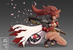  1girl artist_name breasts character_request cleavage collarbone dark_skin eyepatch guilty_gear guilty_gear_xrd large_breasts looking_at_viewer parted_lips ponytail red_eyes redhead sandals sheath sheathed solo squatting sword tansan_daisuki weapon 