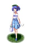  1girl :d bag blue_eyes blue_footwear blue_hair blue_skirt breasts cleavage clothes_around_waist collarbone eyebrows_visible_through_hair full_body green_hat hair_bobbles hair_ornament hat holding kawashiro_nitori key long_hair medium_breasts open_mouth ryosios shirt simple_background skirt sleeveless sleeveless_shirt smile solo standing touhou twintails walking white_background white_shirt 