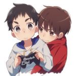  2boys blush brown_eyes brown_hair controller game_controller hood hoodie hug hug_from_behind keitomato male_focus multiple_boys original 