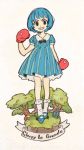  1girl blue_dress blue_hair boxing_gloves character_name cuphead_(game) dress genderswap genderswap_(mtf) goopy_le_grande grin highres mushroom oimo_(14sainobba) personification smile striped striped_dress tombstone 