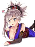  1girl black_legwear blue_eyes blush breasts cleavage detached_sleeves earrings fate/grand_order fate_(series) hair_ornament heart highres japanese_clothes jewelry kimono large_breasts looking_at_viewer lying miyamoto_musashi_(fate/grand_order) open_mouth pink_hair ponytail smile solo speech_bubble thigh-highs 