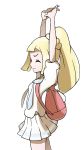  1girl arched_back arms_up backpack bag blonde_hair braid breasts closed_eyes from_side hands_together highres kisama lillie_(pokemon) pleated_skirt pokemon pokemon_(game) pokemon_sm pokemon_ultra_sm ponytail red_bag shirt short_sleeves side_view simple_background skirt small_breasts solo standing stretching tied_hair white_background white_shirt white_skirt 