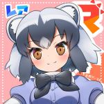  1girl animal_ears artist_name black_bow blush bow breasts brown_eyes closed_mouth common_raccoon_(kemono_friends) eyebrows_visible_through_hair grey_hair looking_at_viewer medium_breasts raccoon_ears short_hair silver_hair smile solo tansan_daisuki upper_body 