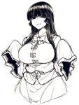  1girl bangs blunt_bangs breasts erect_nipples greyscale grin hands_in_sleeves highres houraisan_kaguya large_breasts long_hair long_sleeves looking_at_viewer monochrome neck_ribbon ribbon ribbon-trimmed_clothes ribbon_trim simple_background smile solo space_jin standing touhou white_background 