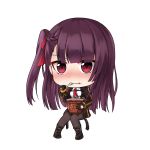  1girl bangs black_gloves black_legwear blunt_bangs blush braid chibi chien_zero chocolate closed_mouth coat collared_shirt eating eyebrows_visible_through_hair food food_on_face full_body girls_frontline gloves hair_ribbon half_updo long_hair long_sleeves looking_at_viewer nose_blush one_side_up open_clothes open_coat pantyhose purple_hair purple_ribbon red_neckwear ribbon shirt sidelocks sitting solo transparent_background tsurime violet_eyes wa2000_(girls_frontline) white_shirt 