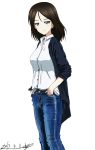  1girl artist_name bangs black_coat black_hair blue_eyes bukkuri casual closed_mouth collared_shirt dated denim girls_und_panzer hands_in_pockets jeans light_smile long_hair long_sleeves looking_at_viewer nonna pants shirt signature sleeves_rolled_up solo standing swept_bangs white_shirt 