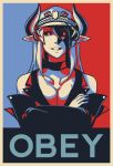  1girl badge barack_obama bare_shoulders border breasts choker cleavage crossed_arms demon_girl demon_horns english extra_eyes grin hair_between_eyes hat highres horns less lilim_(monster_girl_encyclopedia) long_hair looking_at_viewer monster_girl_encyclopedia open_clothes open_shirt parody pointy_ears shirt slit_pupils smile solo two-tone_background victoria_(lilim) 
