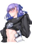  1girl absurdres blue_eyes blue_ribbon blush closed_mouth fate/extra fate/extra_ccc fate_(series) gggg hair_ribbon highres long_hair long_sleeves meltlilith navel profile purple_hair ribbon solo stomach sweat upper_body wide_sleeves 