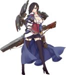  1girl 33_(mkiiiiii) ark_royal_(azur_lane) azur_lane belt black_hair black_legwear black_skirt blue_eyes blush boots breasts bullet cape cleavage cleavage_cutout coat eyes_visible_through_hair full_body game_cg garter_straps gloves gun hair_over_one_eye hand_on_hip high_heel_boots high_heels holding holding_weapon looking_at_viewer medium_breasts miniskirt official_art rifle short_hair simple_background skirt smile solo standing thigh-highs transparent_background weapon white_gloves windforcelan zettai_ryouiki 