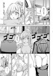  1girl aldehyde changing_clothes clothes_hanger comic doorway formal greyscale highres mirror monochrome neeko original ponytail skirt_suit solo suit sweat translated 