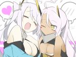  2girls ahoge azur_lane bandeau bare_shoulders bikini black_bikini blush breasts cleavage closed_eyes collar dark_skin dated edamame1555 eyes_visible_through_hair facepaint halterneck heart heart_ahoge horns indianapolis_(azur_lane) large_breasts long_hair looking_at_another medium_breasts multiple_girls open_mouth pale_skin portland_(azur_lane) silver_hair sketch smile spoken_blush spoken_heart swimsuit twintails upper_body very_long_hair vest wince yellow_eyes yuri 